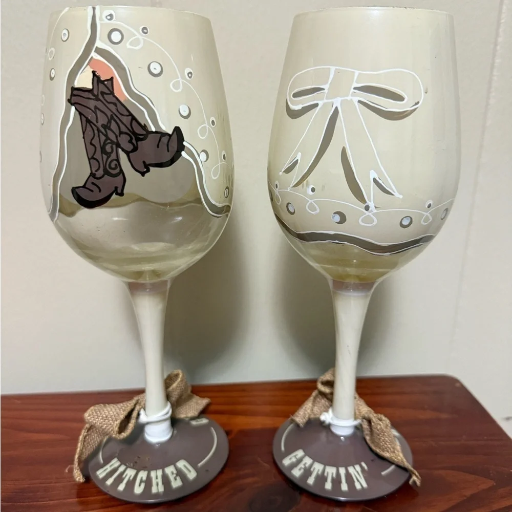 Gettin’ Hitched set of 2 Wine Glasses Wedding Gift Cowboy Boots Country Girl